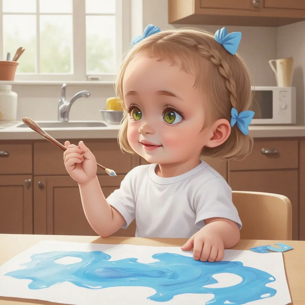 1: Leah paints on the table in the kitchen. 2: The appearance of the magic gate of the drawing. 3: Leah and her mother in the world of blue flowers, helping animals. 4: Leah in her bed talking to her mother about adventure